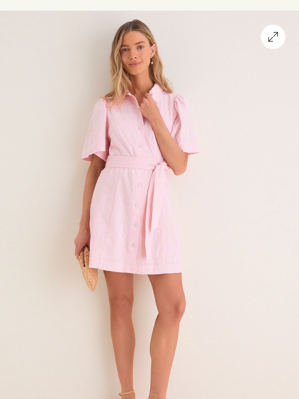 Light Pink Button-Front Mini Dress with Tie Waist